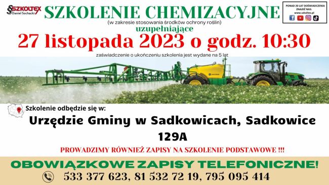 Szkolenie chemizacyjne, 27 listopada 2023 o godz. 10:30, odbędzie się w Urzędzie Gminy w Sadkowicach, Sadkowice 129A,...