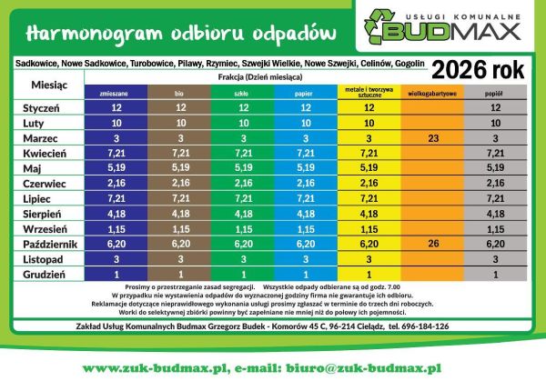 Harmonogram odbioru odpadów na terenie Gminy Sadkowice na 2026 r.