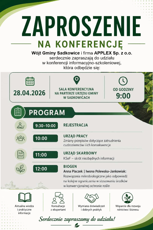 Wójt Gminy Sadkowice i firma APPLEX Sp. z o.o. serdecznie zapraszają do udziału w konferencji informacyjno-szkoleniowej